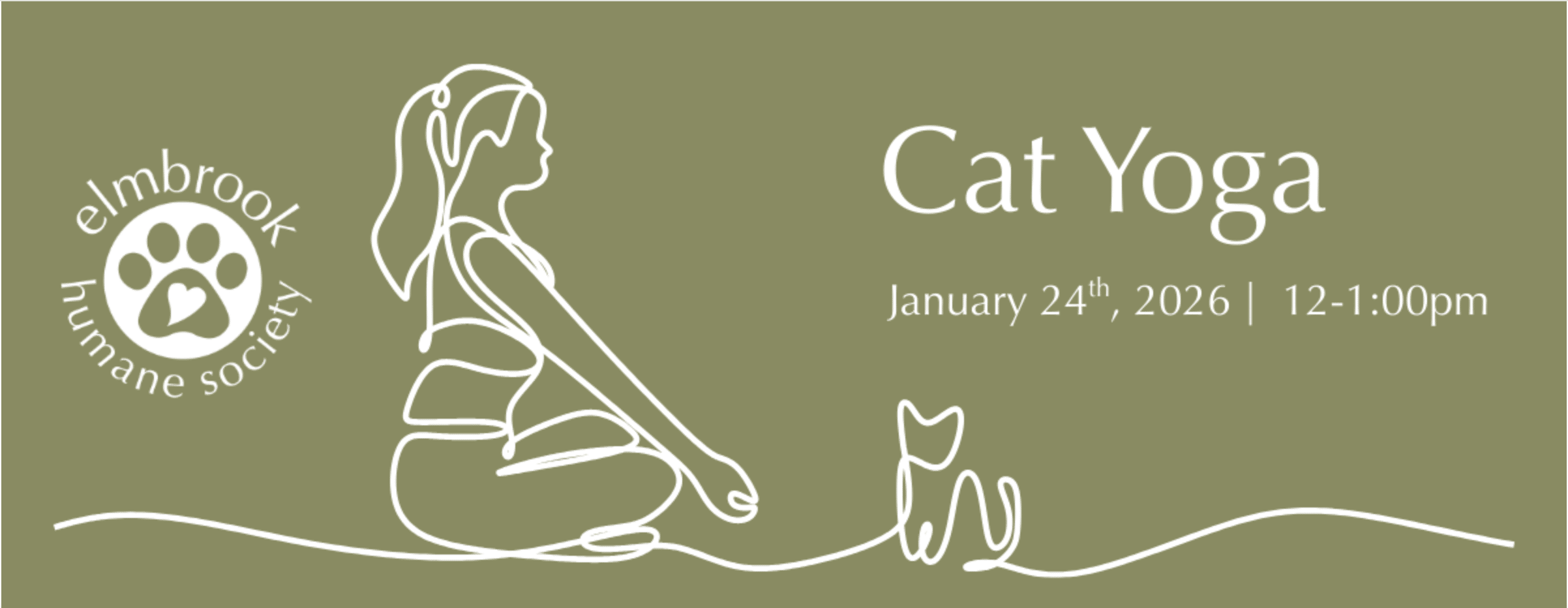 Line art of a woman sitting in a yoga pose with a cat sitting and facing her.